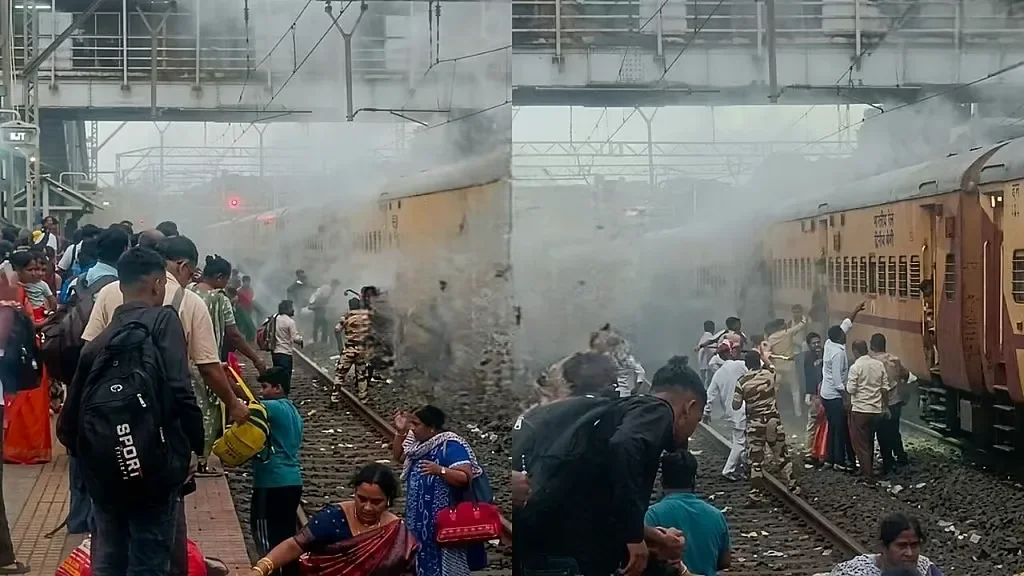 कर्जत स्टेशन पर कोयना एक्सप्रेस में मची अफरा-तफरी, पहियों से उठा धुआं