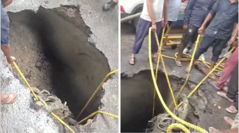 लखनऊ यूनिवर्सिटी के पास अचानक धंसी सड़क, 10 फीट गहरे गड्ढे में समाई बाइक; बाल-बाल बचा युवक